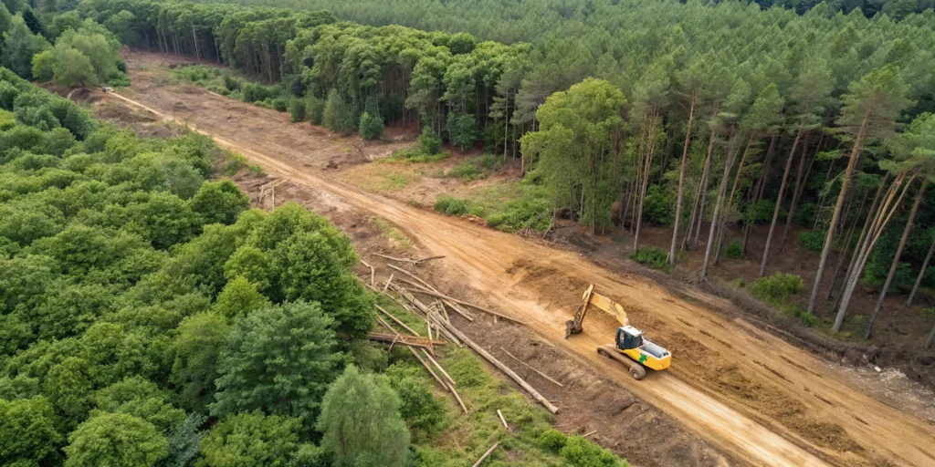 Heavy equipment performing lot clearing services, removing trees and debris from a wooded lot.