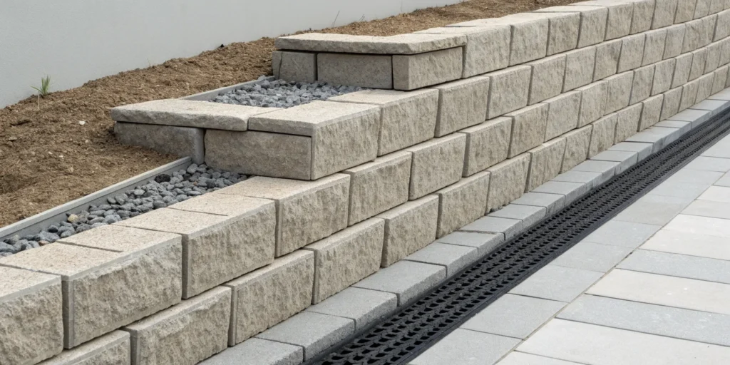 Interlocking blocks forming a sturdy retaining wall for a garden bed.