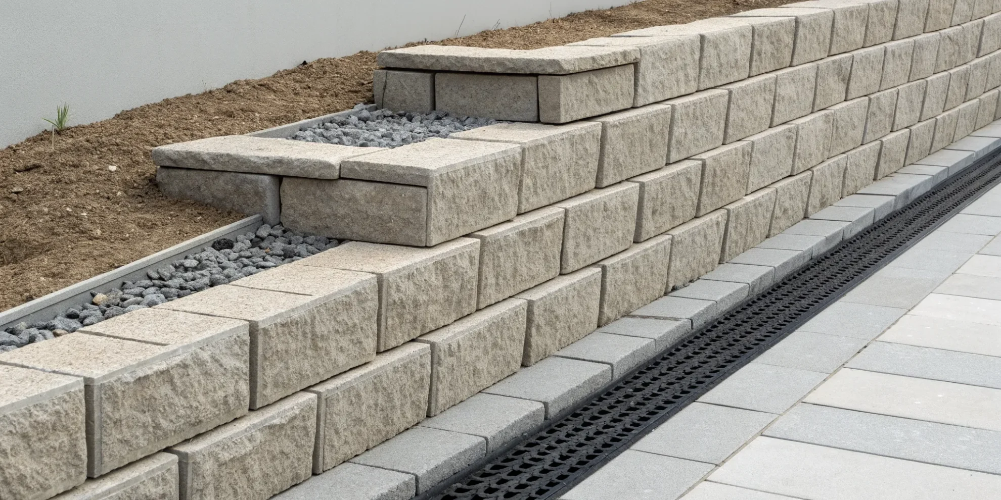Interlocking blocks forming a sturdy retaining wall for a garden bed.