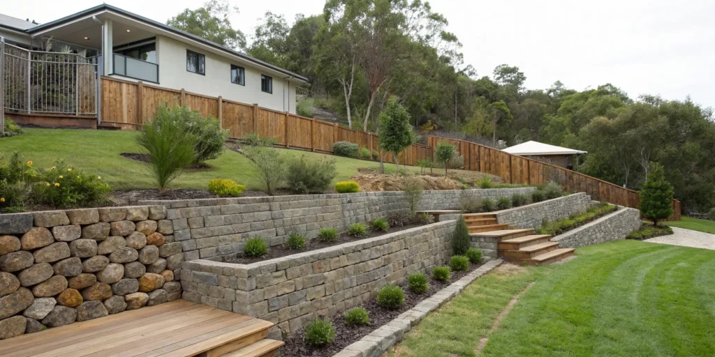 Tiered retaining wall ideas on a budget using stone, concrete blocks, and wooden steps.