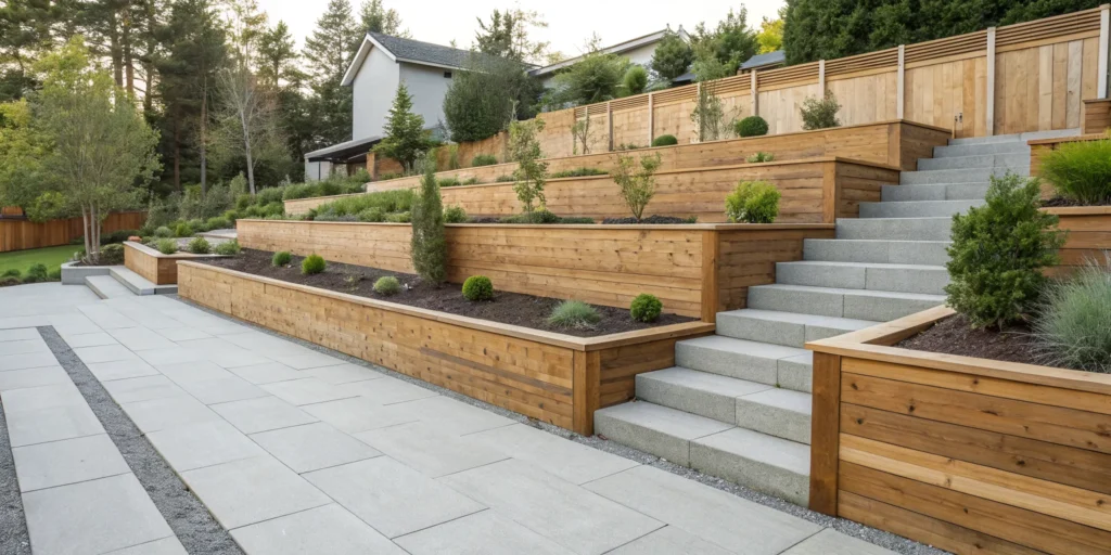 Tiered wood retaining wall idea with built-in garden beds for a modern yard.