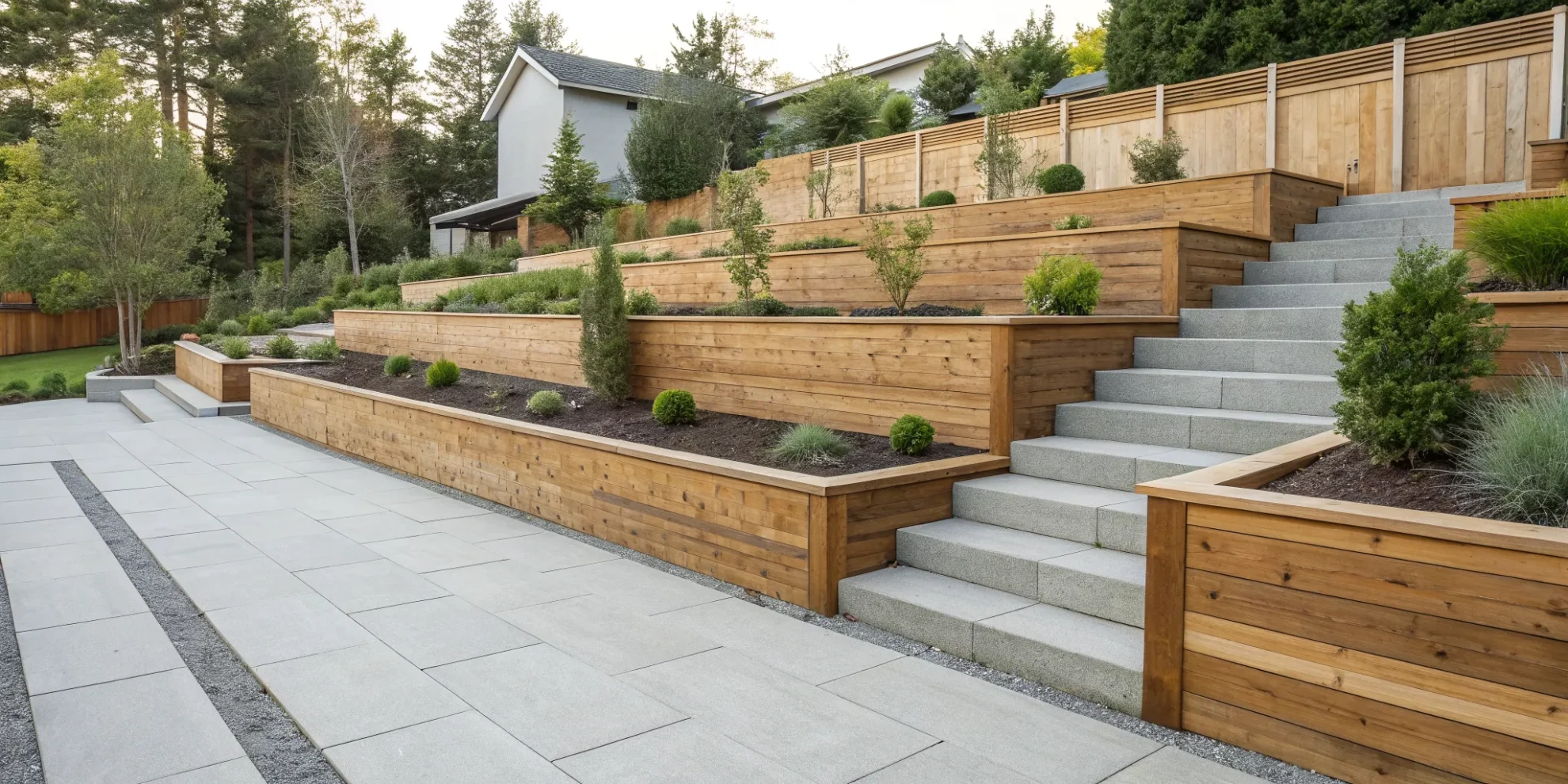 Tiered wood retaining wall idea with built-in garden beds for a modern yard.