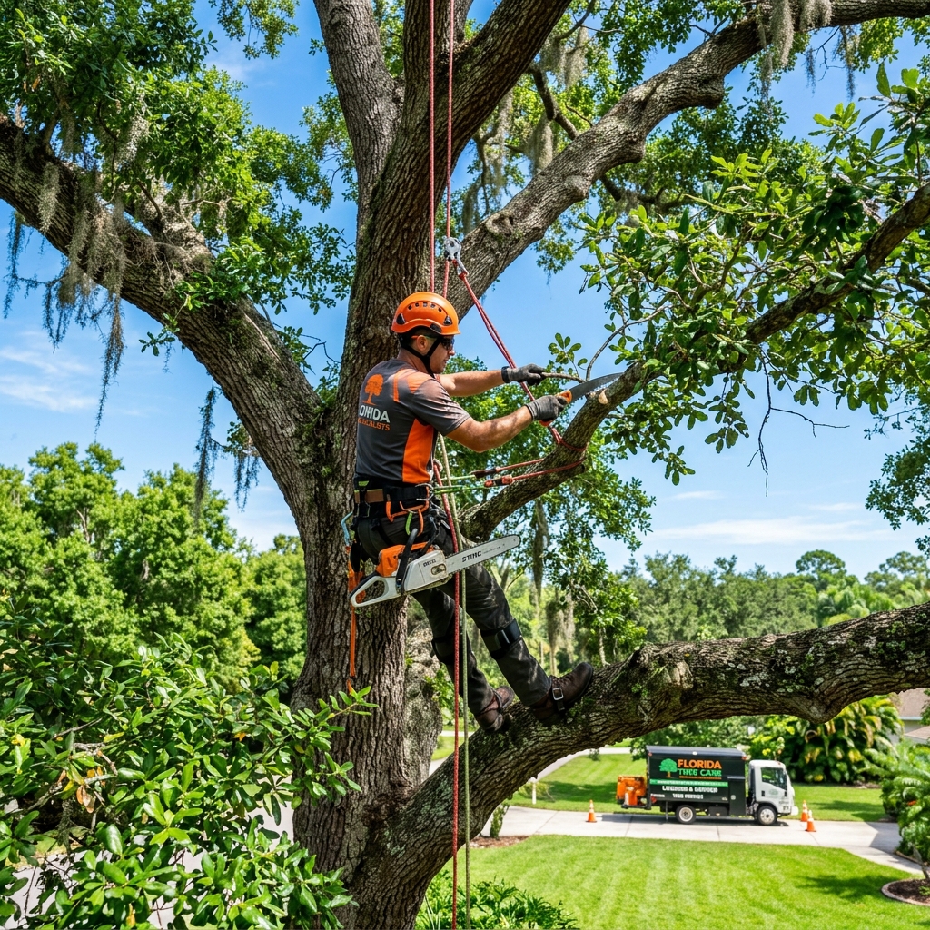 Certified arborist in climbing harness and helmet trimming live oak with chainsaw from rope and saddle in Central Florida