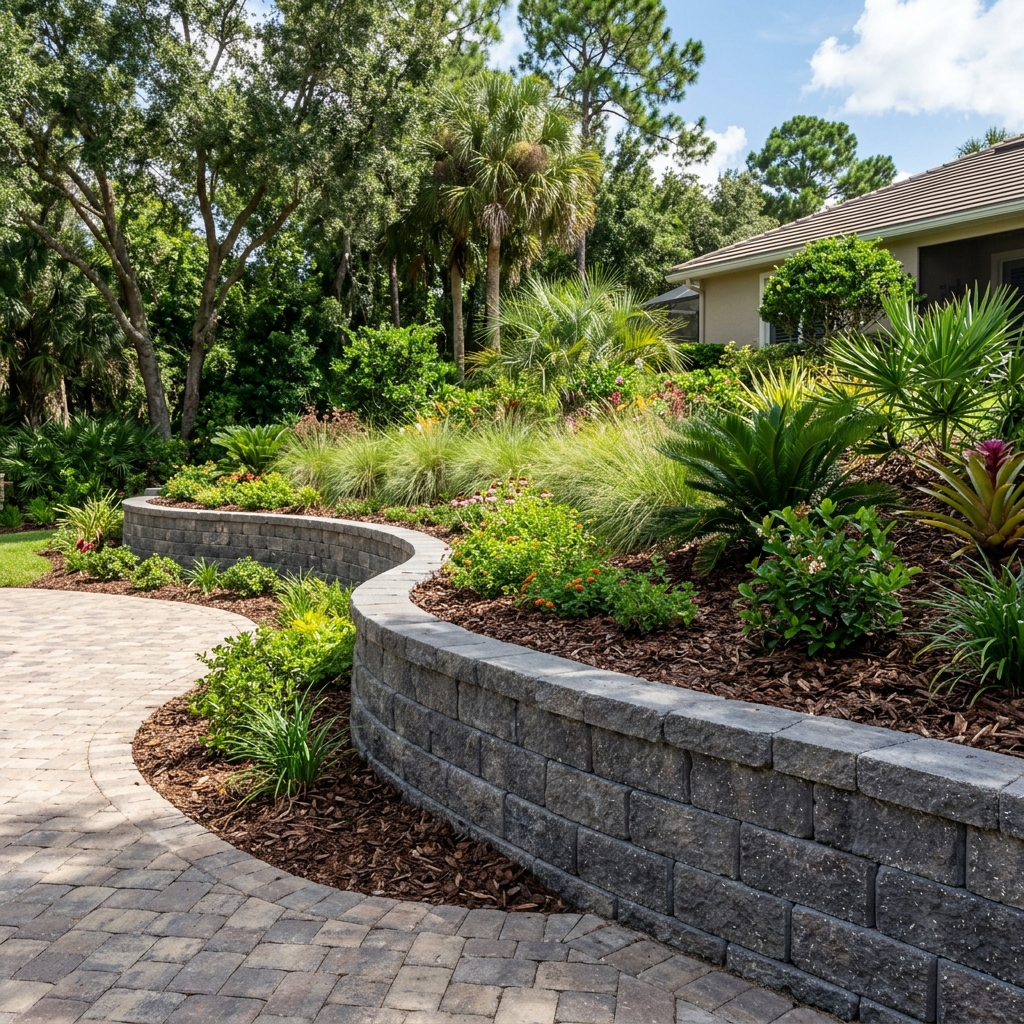 Curved concrete block retaining wall with lush tropical plantings and paver walkway at a Central Florida home