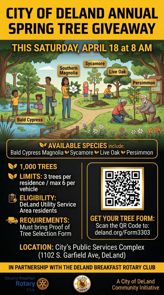 City of DeLand Annual Spring Tree Giveaway 2026 flyer showing Bald Cypress, Southern Magnolia, Sycamore, Live Oak, and Persimmon species available