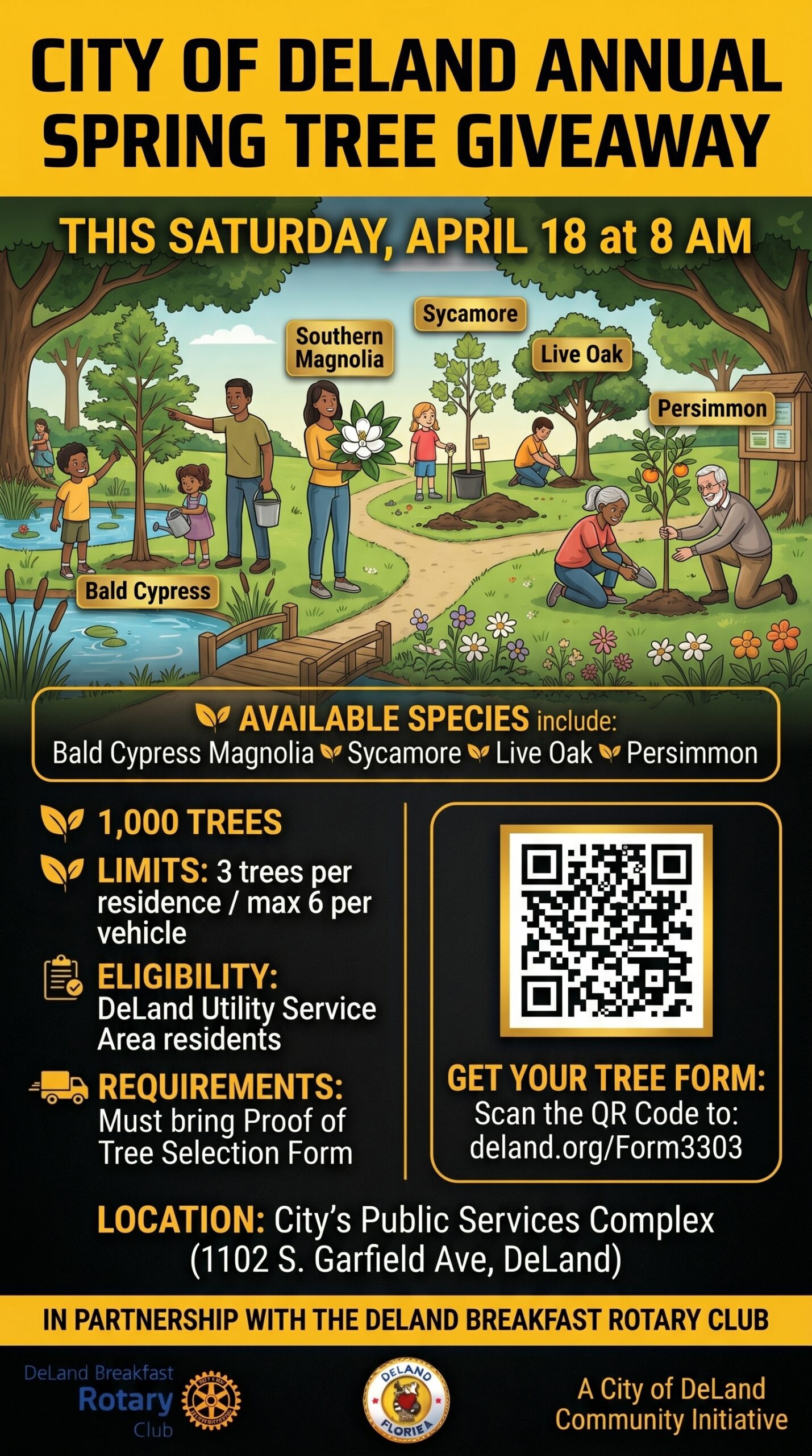 City of DeLand Annual Spring Tree Giveaway 2026 flyer showing Bald Cypress, Southern Magnolia, Sycamore, Live Oak, and Persimmon species available