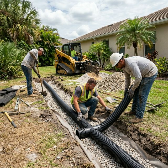 Three-person crew installing French drain with corrugated pipe, gravel bed, and skid steer at a Central Florida residential property