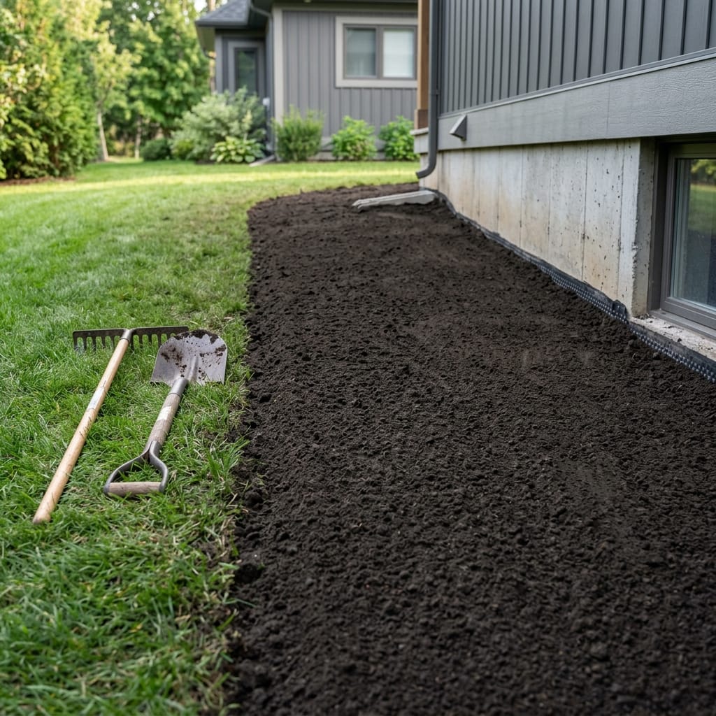 Graded soil bed with shovel and rake prepared for hardscape walkway installation in Central Florida