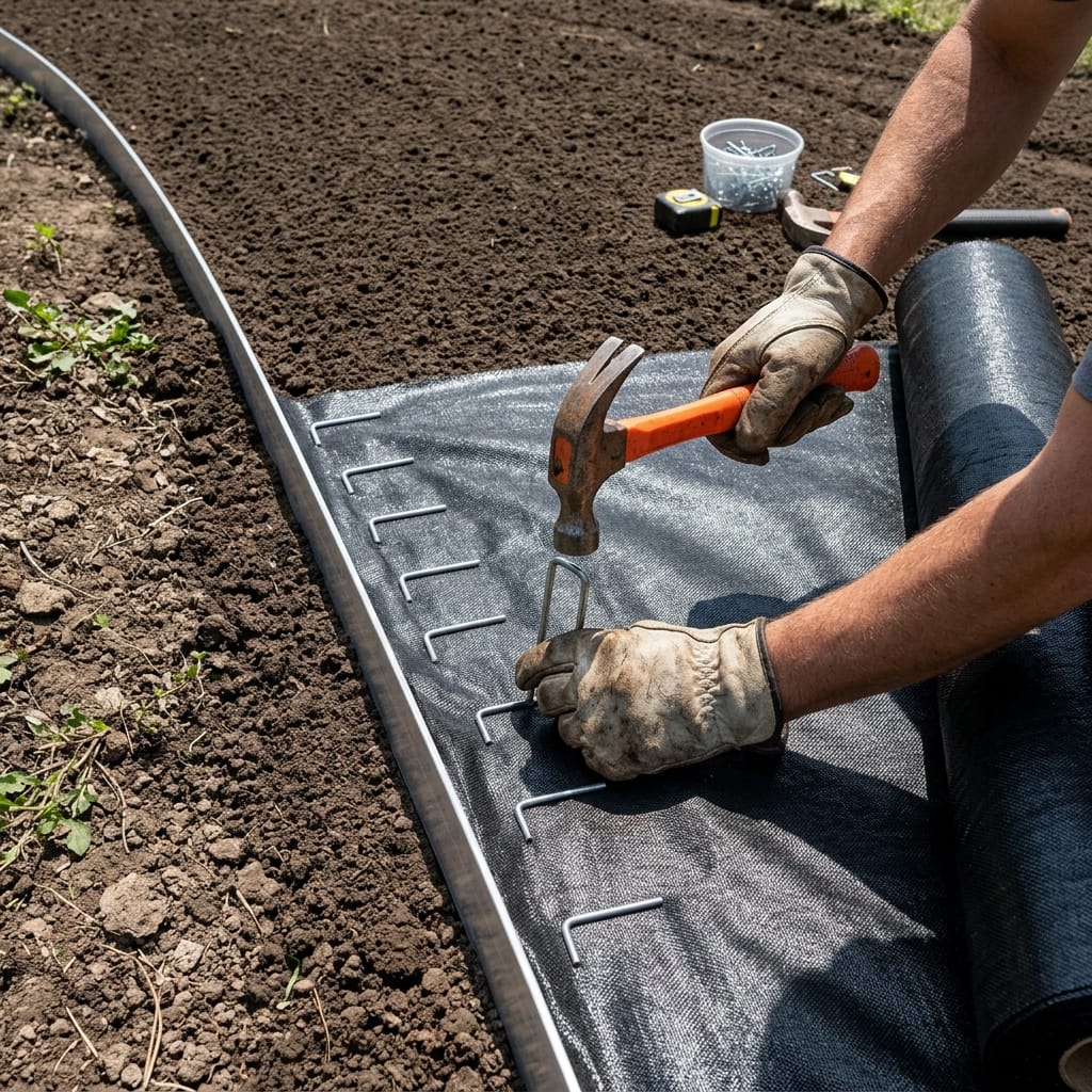 Installer hammering landscape fabric staples into weed barrier mat along metal edging for hardscape walkway