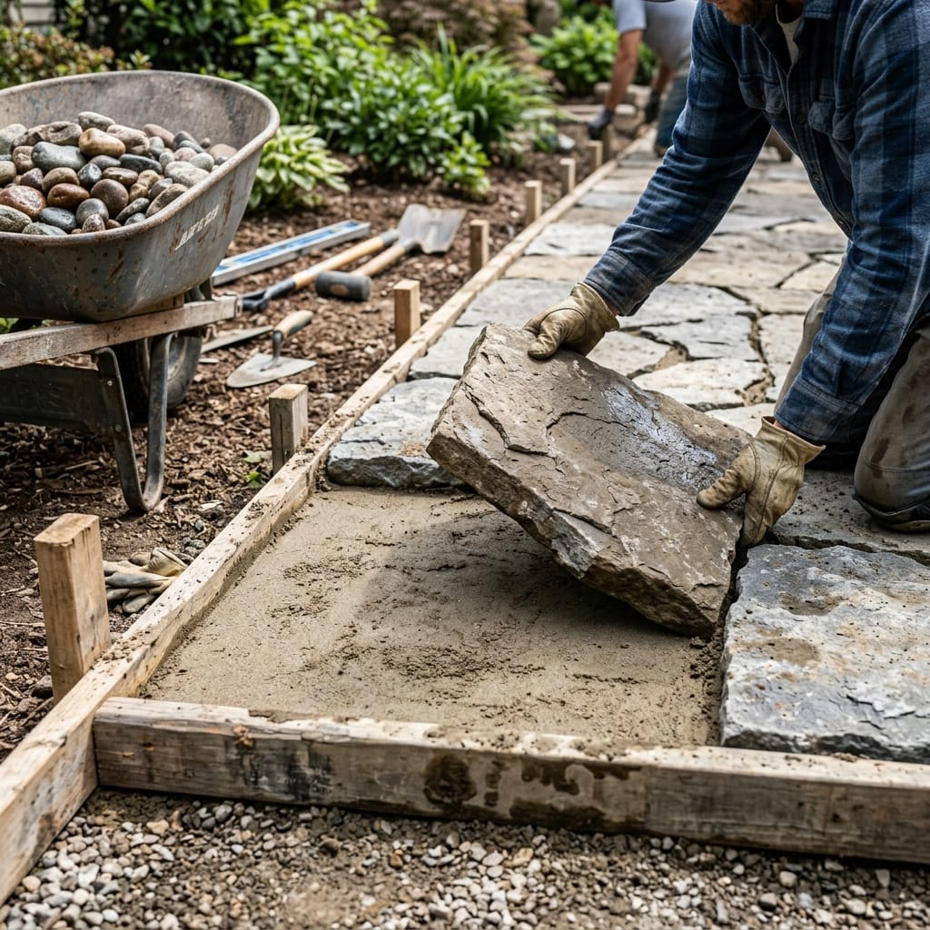 Worker placing natural flagstone paver onto compacted sand base with river rock border and wheelbarrow nearby