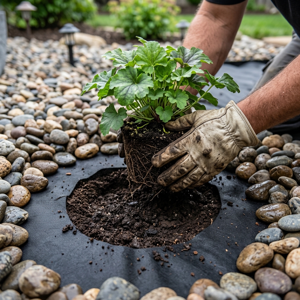 Gloved hands planting through a cut opening in landscape fabric surrounded by smooth river rock
