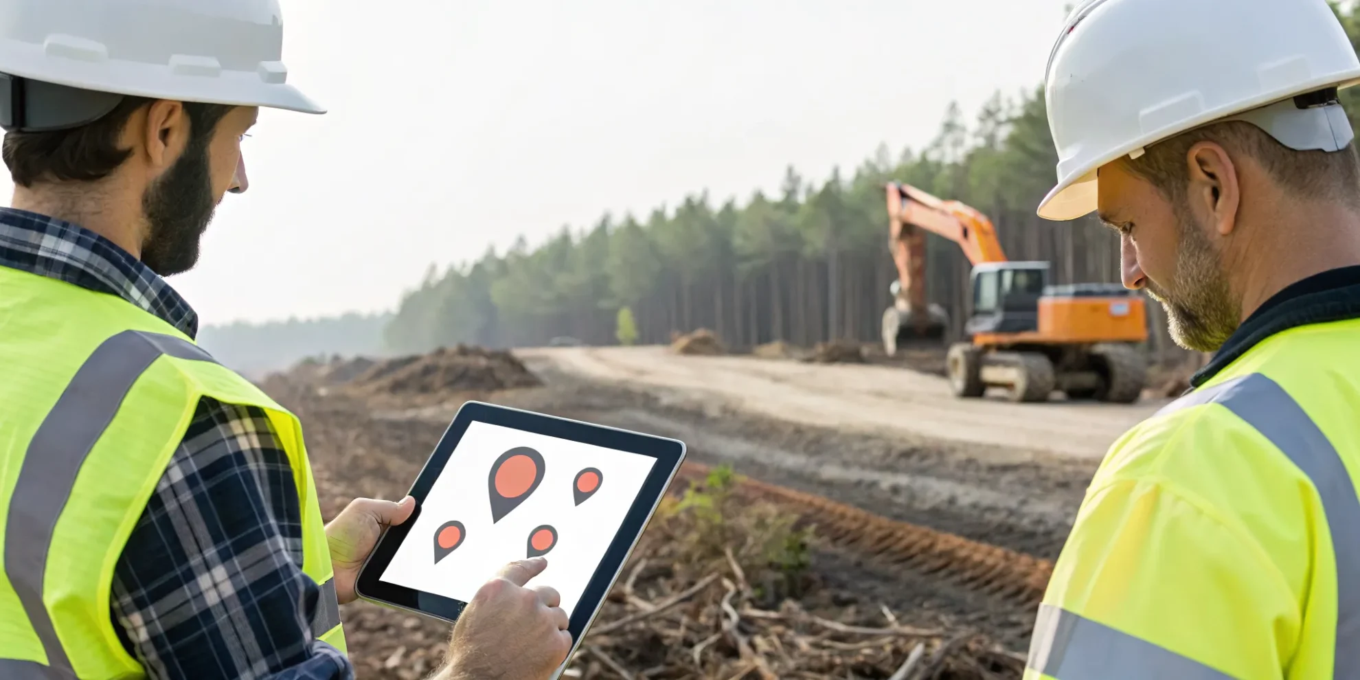 Lot clearing company professionals in safety vests planning a project on a tablet.