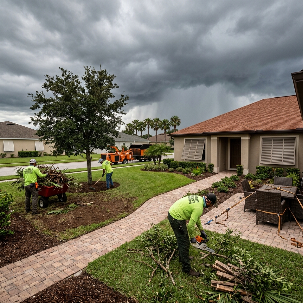 Tree service crew in hi-vis gear with chipper truck clearing branches before approaching storm in Central Florida neighborhood