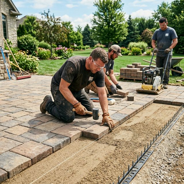 Crew installing brick paver patio with rubber mallet, plate compactor, and metal edging on sand base