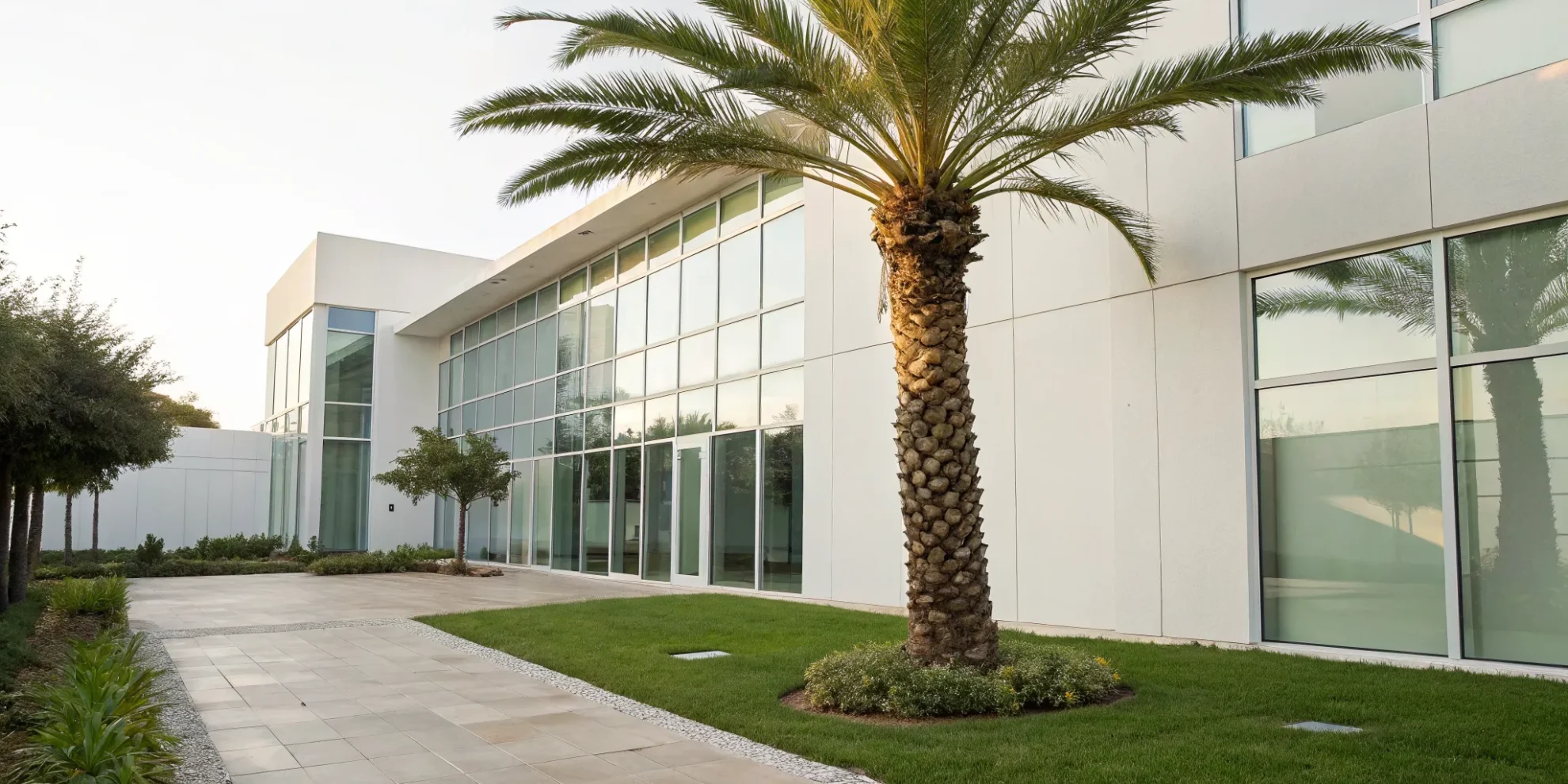 A properly trimmed palm tree with a clean trunk and healthy green fronds.