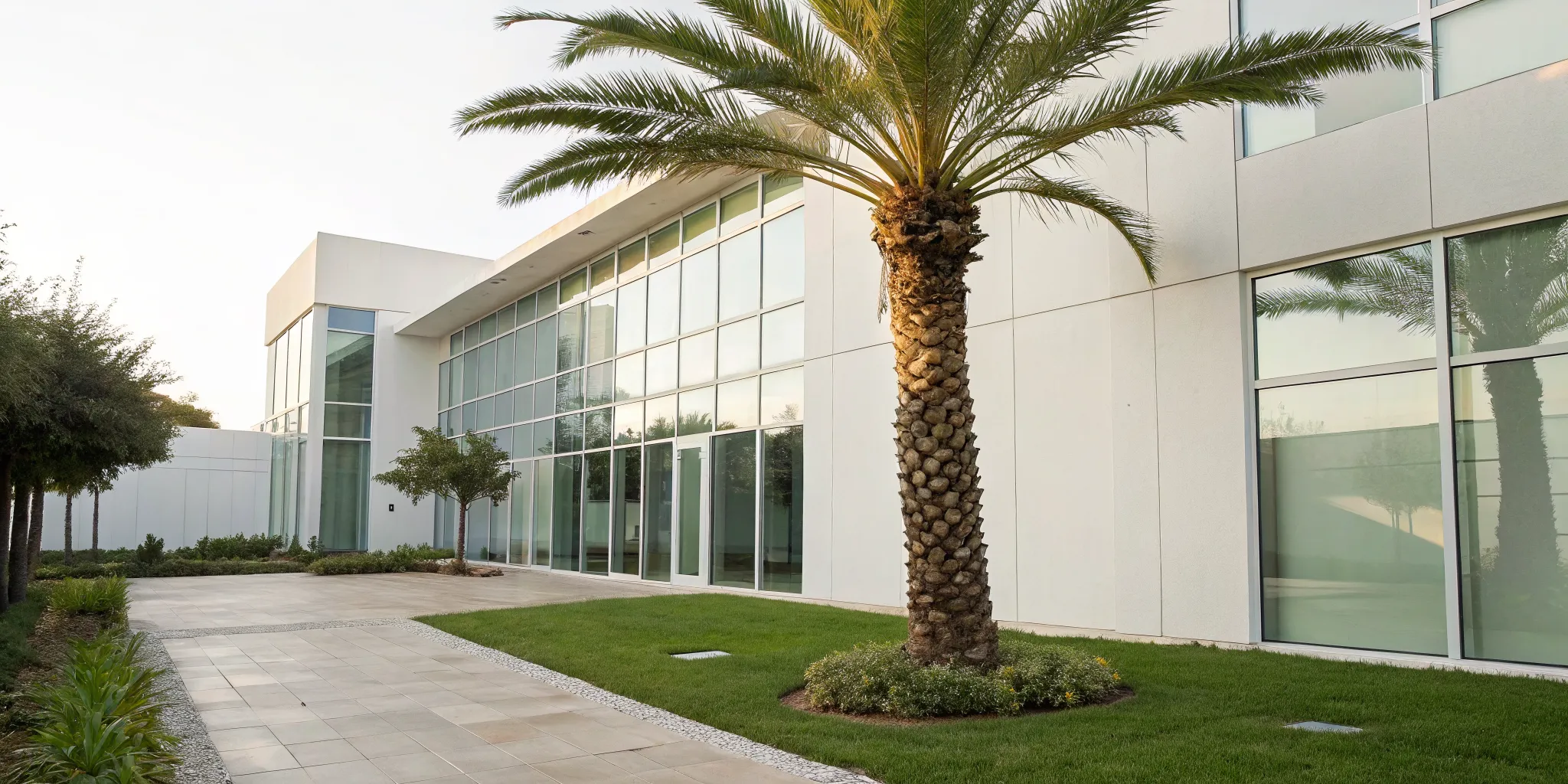 A properly trimmed palm tree with a clean trunk and healthy green fronds.