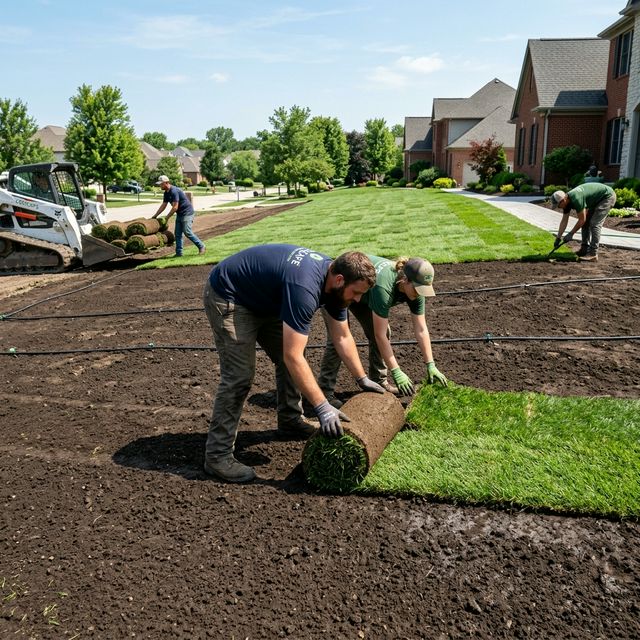 Sod installation crew rolling out fresh St. Augustine sod with skid steer and pallets at a Central Florida home