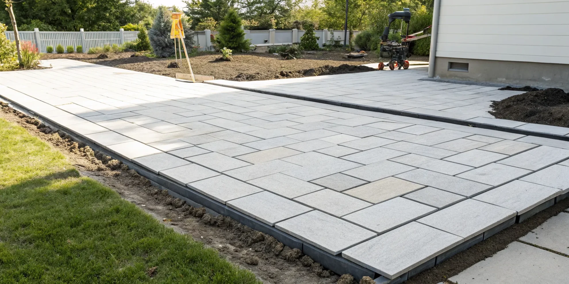 A new stone paver patio installation with pavers being laid in straight lines.