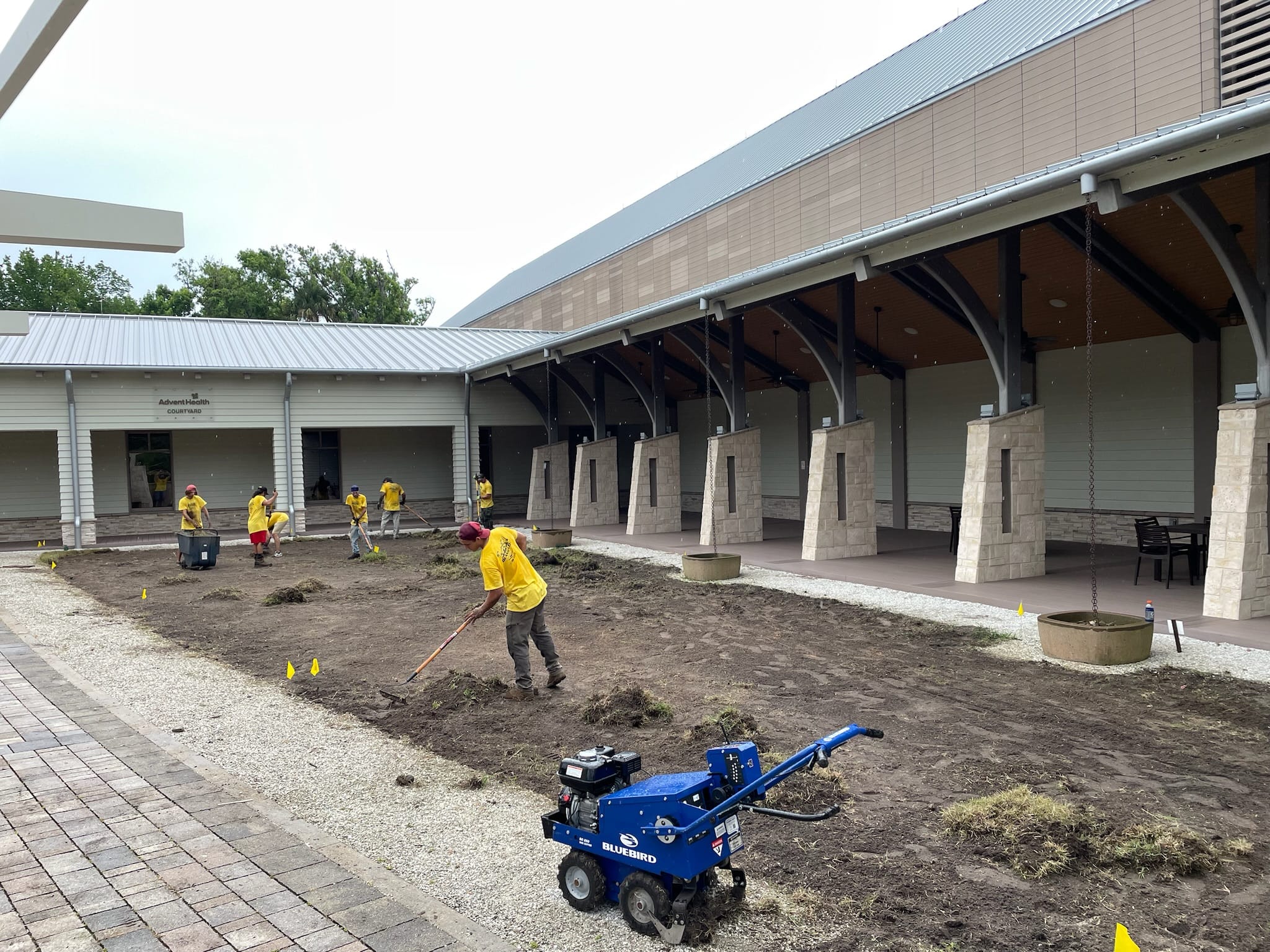 Yellow-shirted crew grading dirt for sod at a commercial Florida courtyard with a blue tiller in foreground.