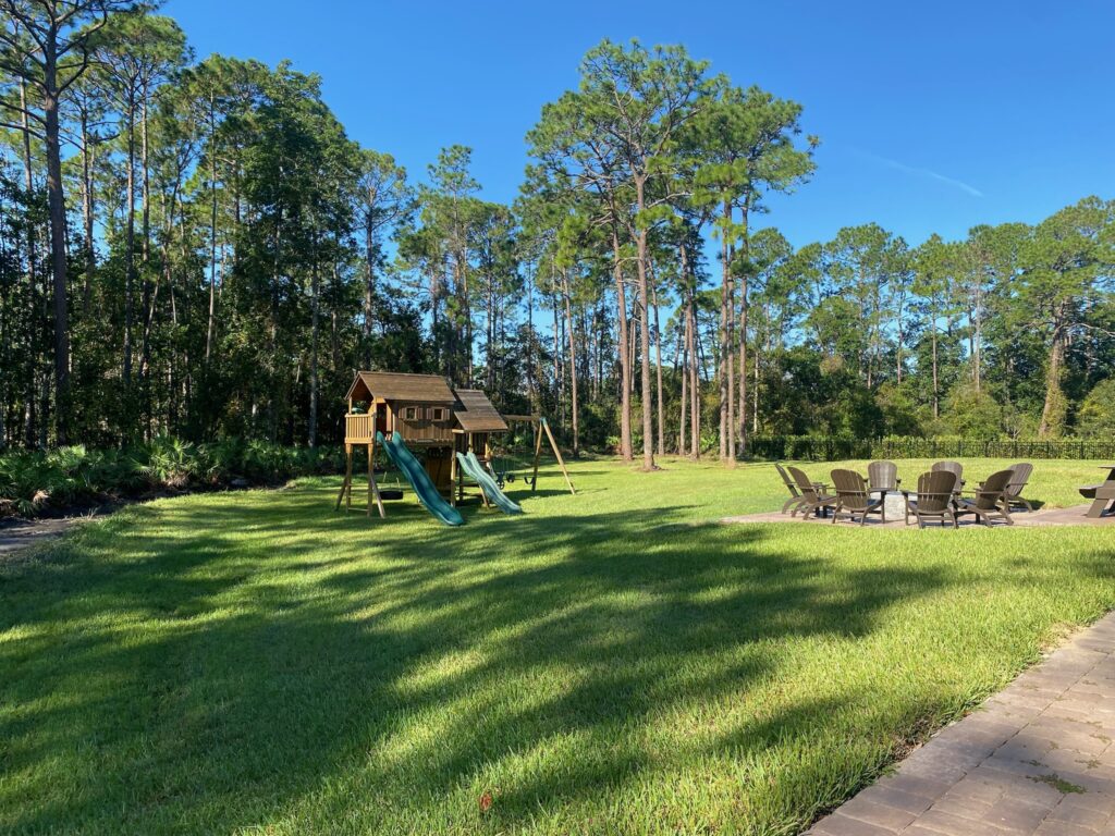 Finished backyard with playset and pine treeline after fall landscape cleanup in Central Florida