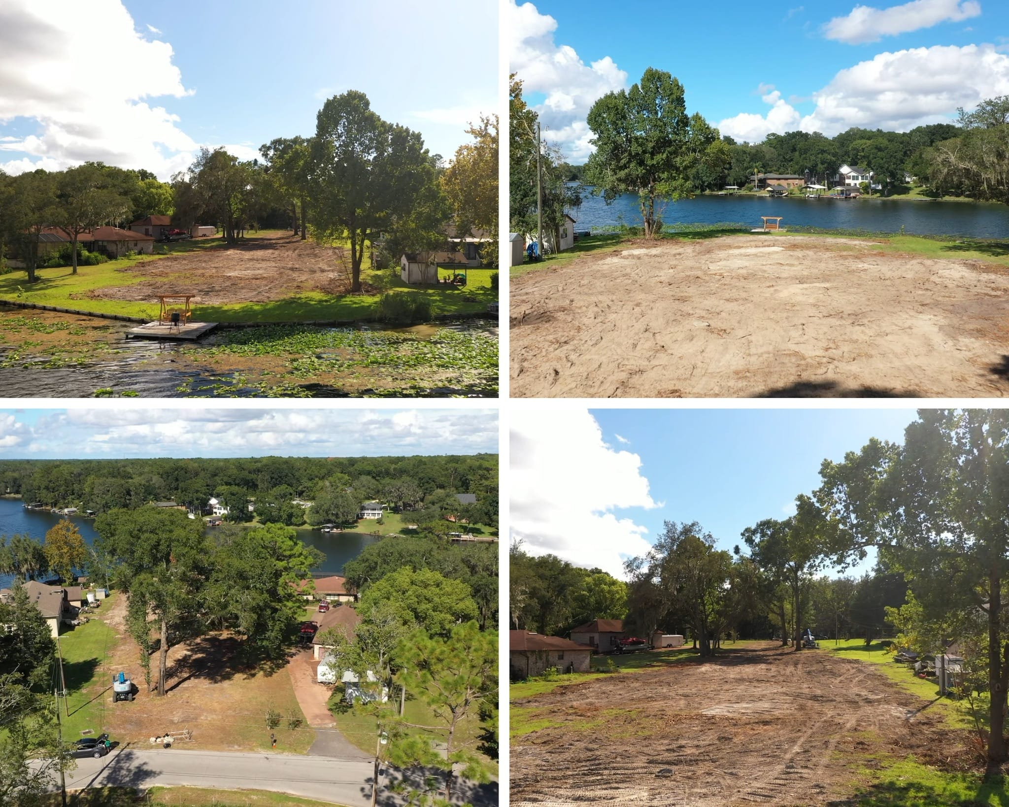 Four-panel before-and-after collage of lakefront lot clearing projects by DeAngelo's Land Services