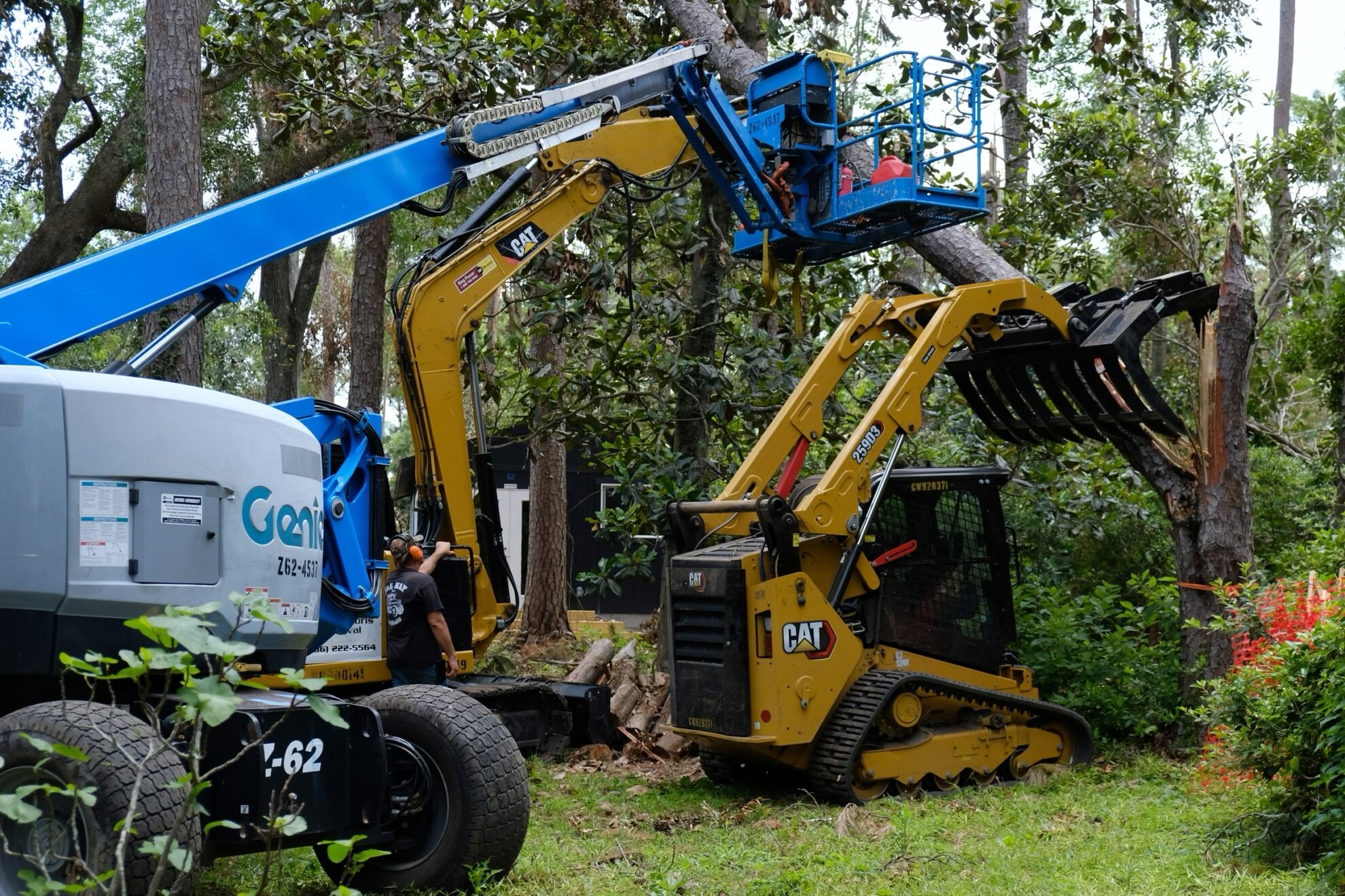 Genie boom lift, CAT excavator, and CAT skid steer working a tree removal together on a Florida property.