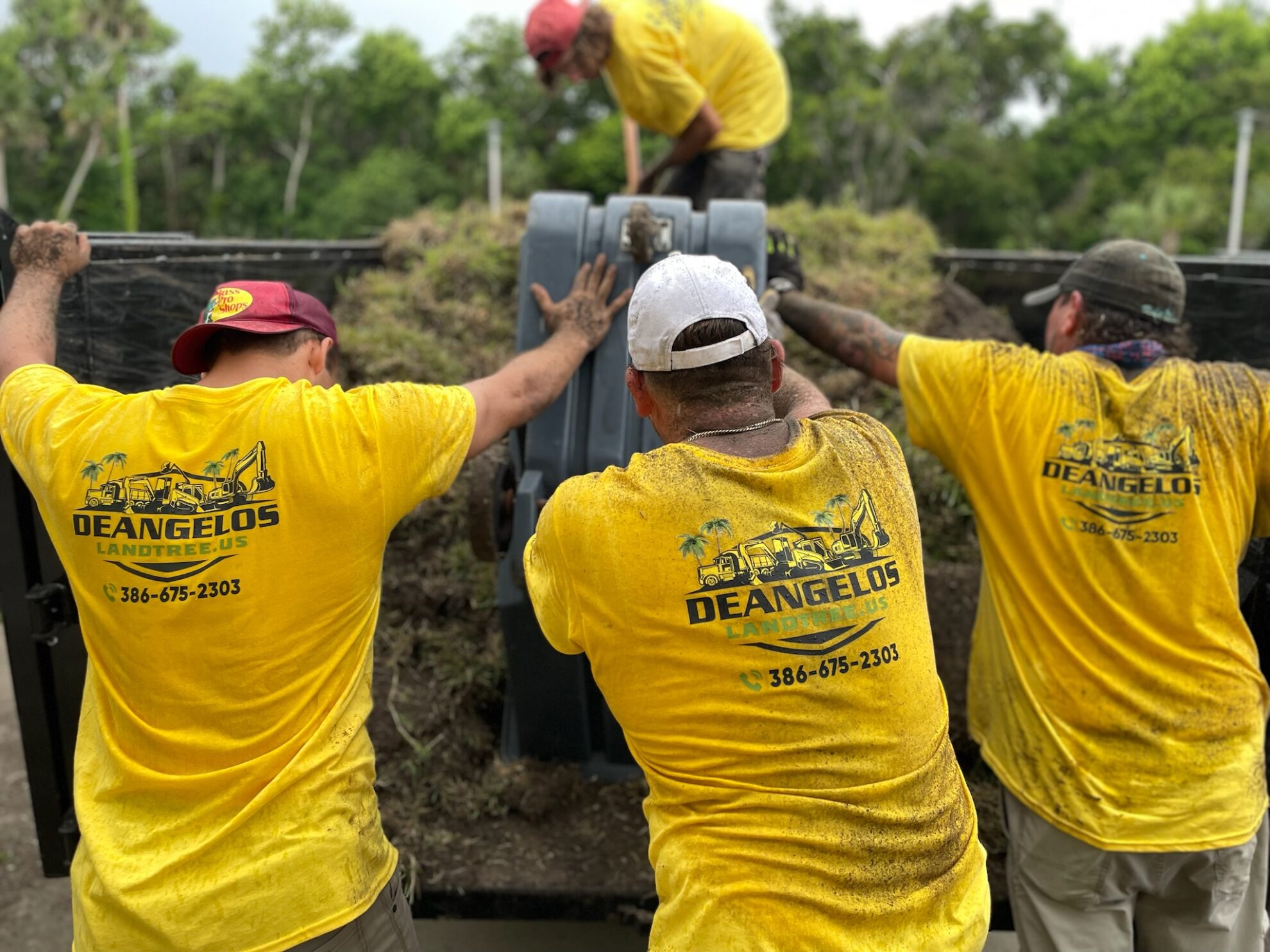 DeAngelos Land Services crew in branded yellow shirts loading mulch into a dump truck.