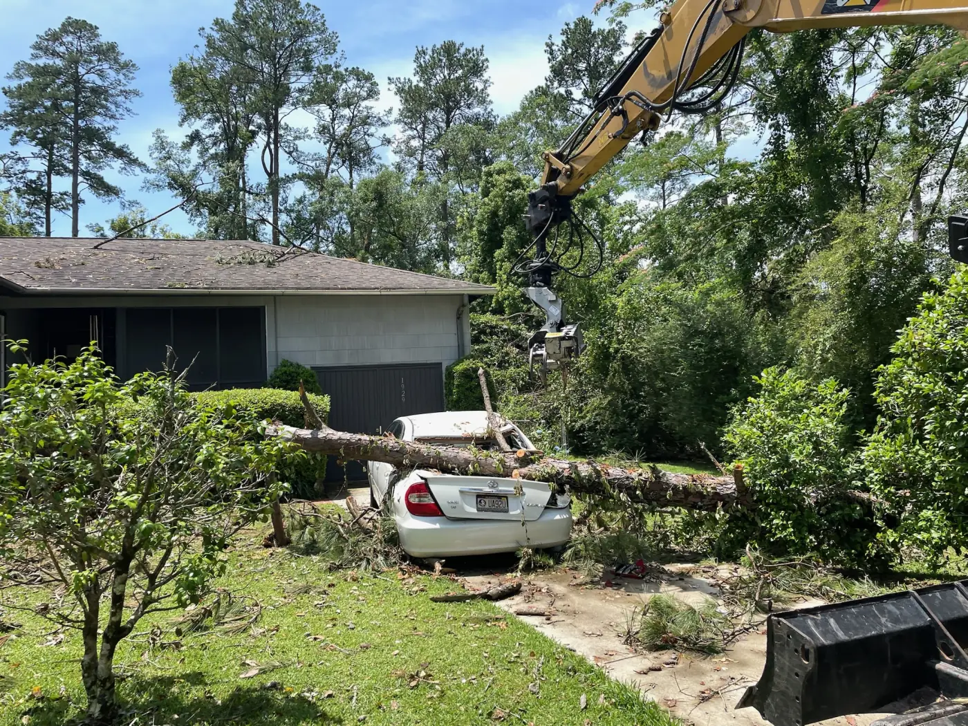 Tree removal crew taking down a mature laurel oak in a Sanford, FL residential historic district lot