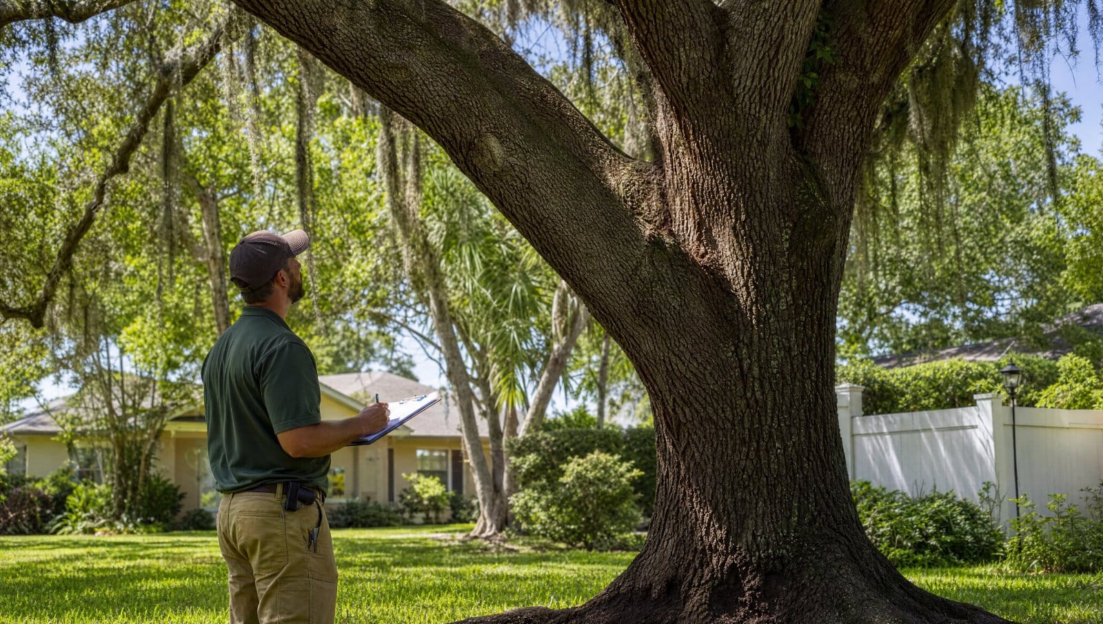 Certified arborist with a clipboard assessing a large oak tree in a Central Florida yard