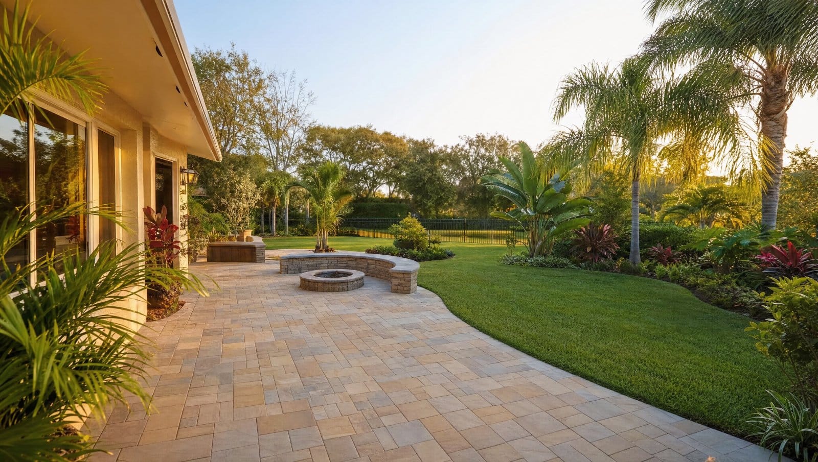 Beautiful Central Florida backyard landscape with paver patio, tropical plants and lush lawn