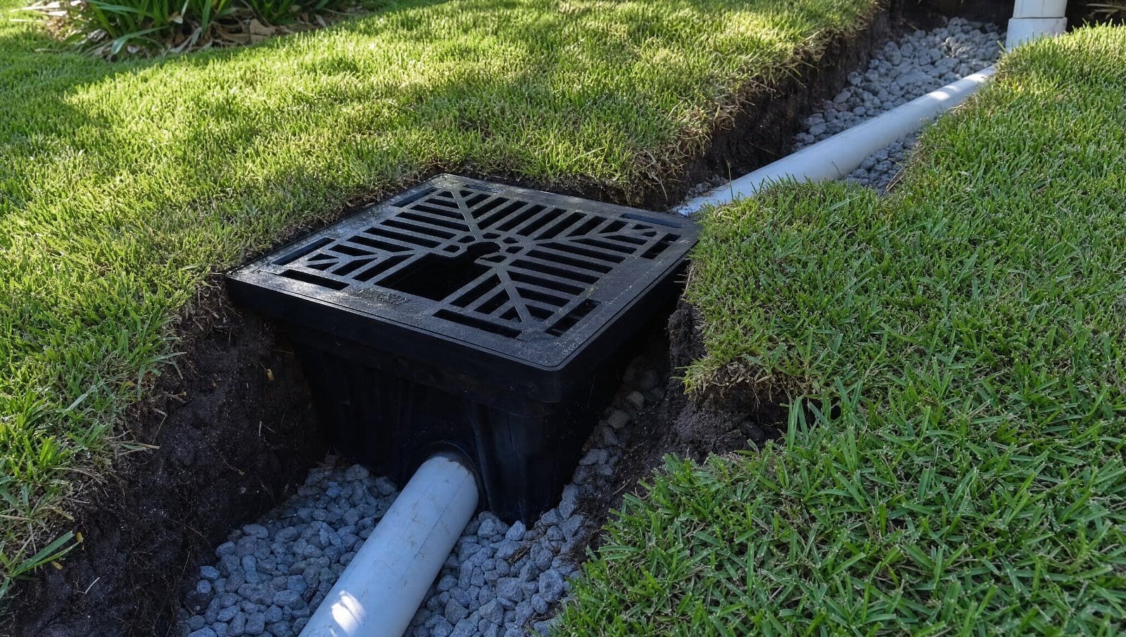 Newly installed catch basin drain grate and PVC pipe set into a Florida lawn