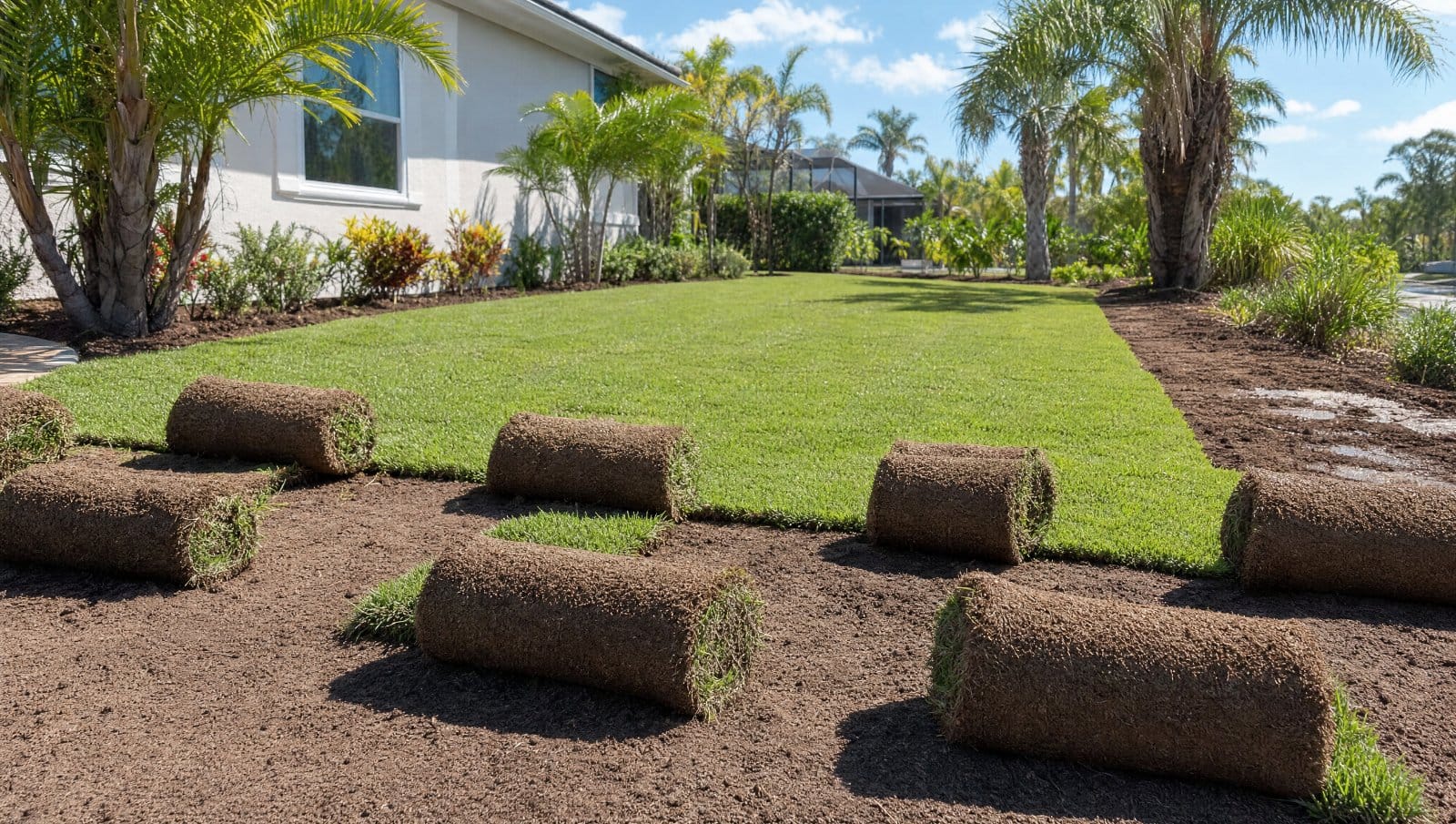 Fresh green sod rolls being laid across a prepared Florida yard