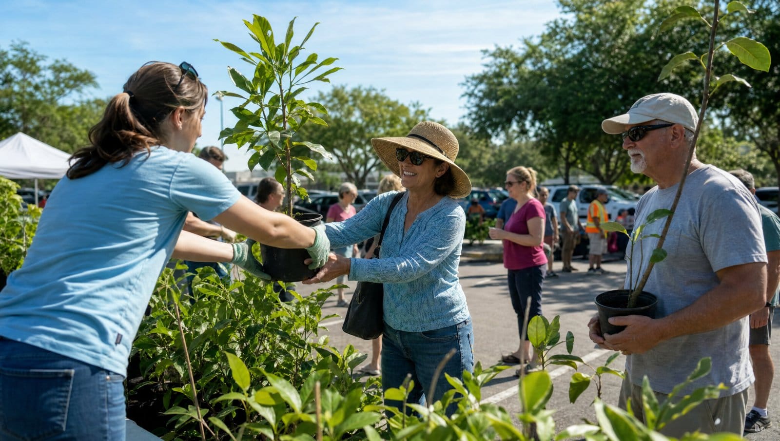 Volunteers handing out potted young trees at a Central Florida community giveaway