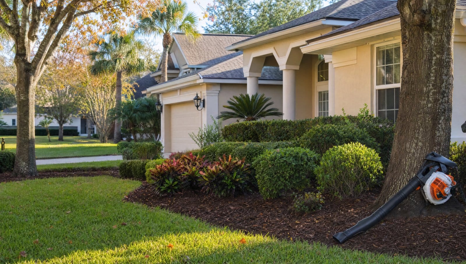 Tidy Central Florida HOA front yard with raked beds and trimmed shrubs in autumn