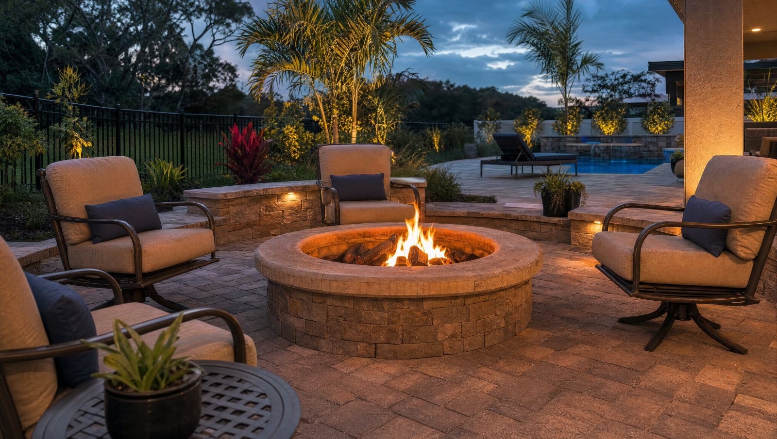 Built-in paver fire pit with a fire on a Central Florida backyard patio at dusk