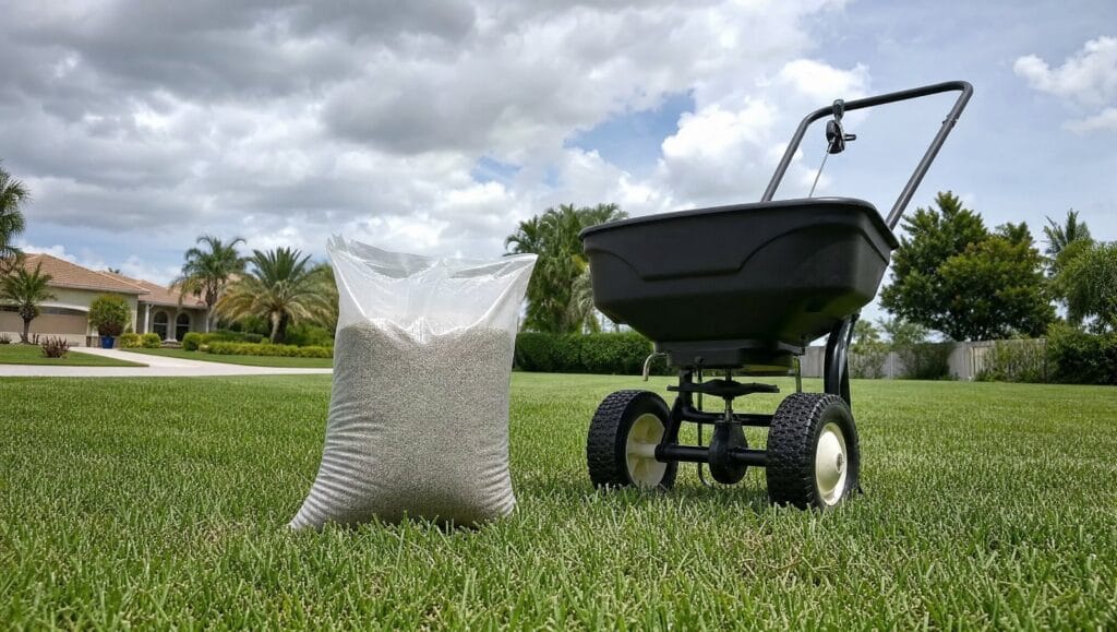 Bag of lawn fertilizer and a spreader on a green Florida lawn under a summer sky
