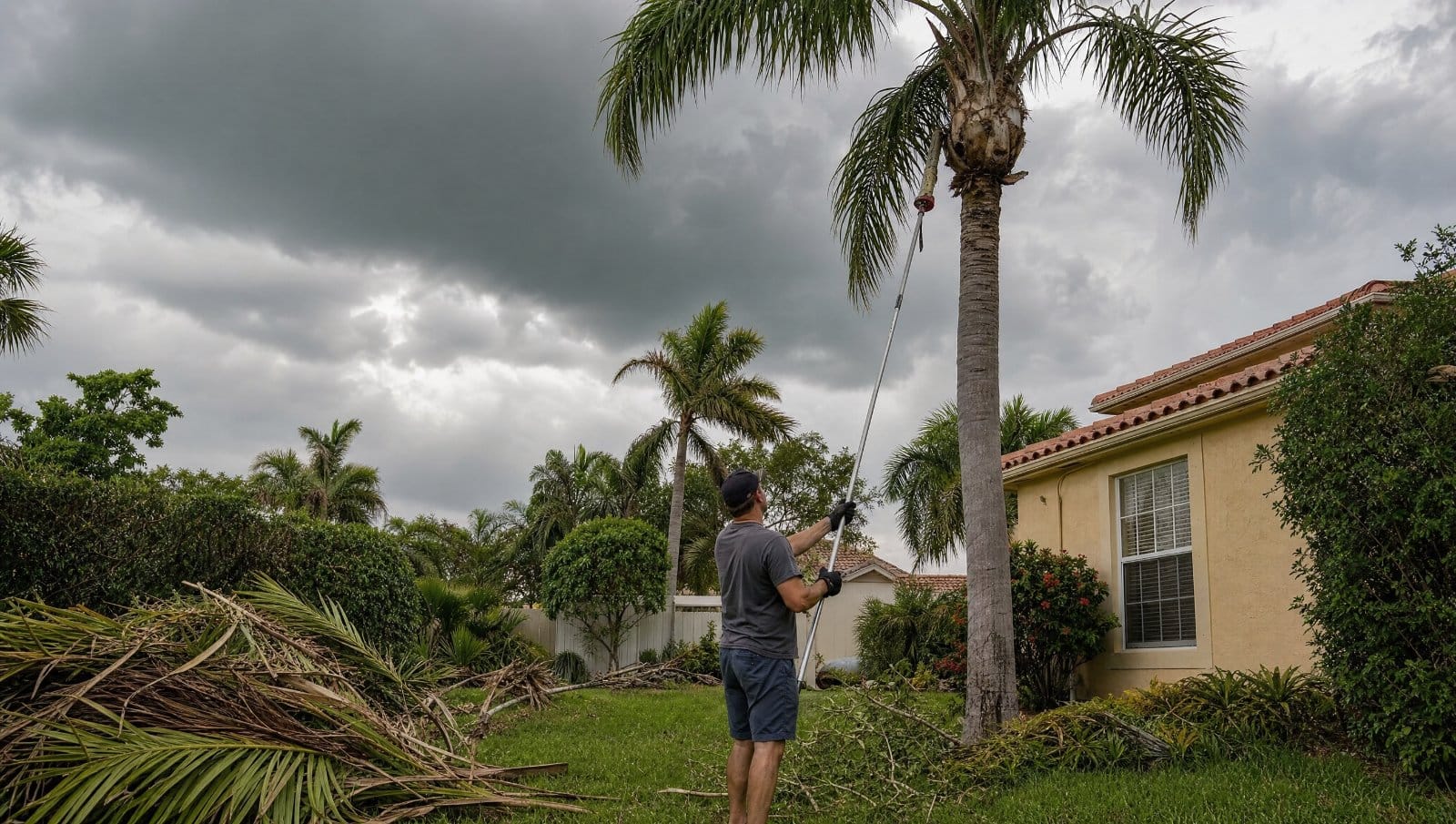 Homeowner trimming palms and clearing yard debris before a Florida storm