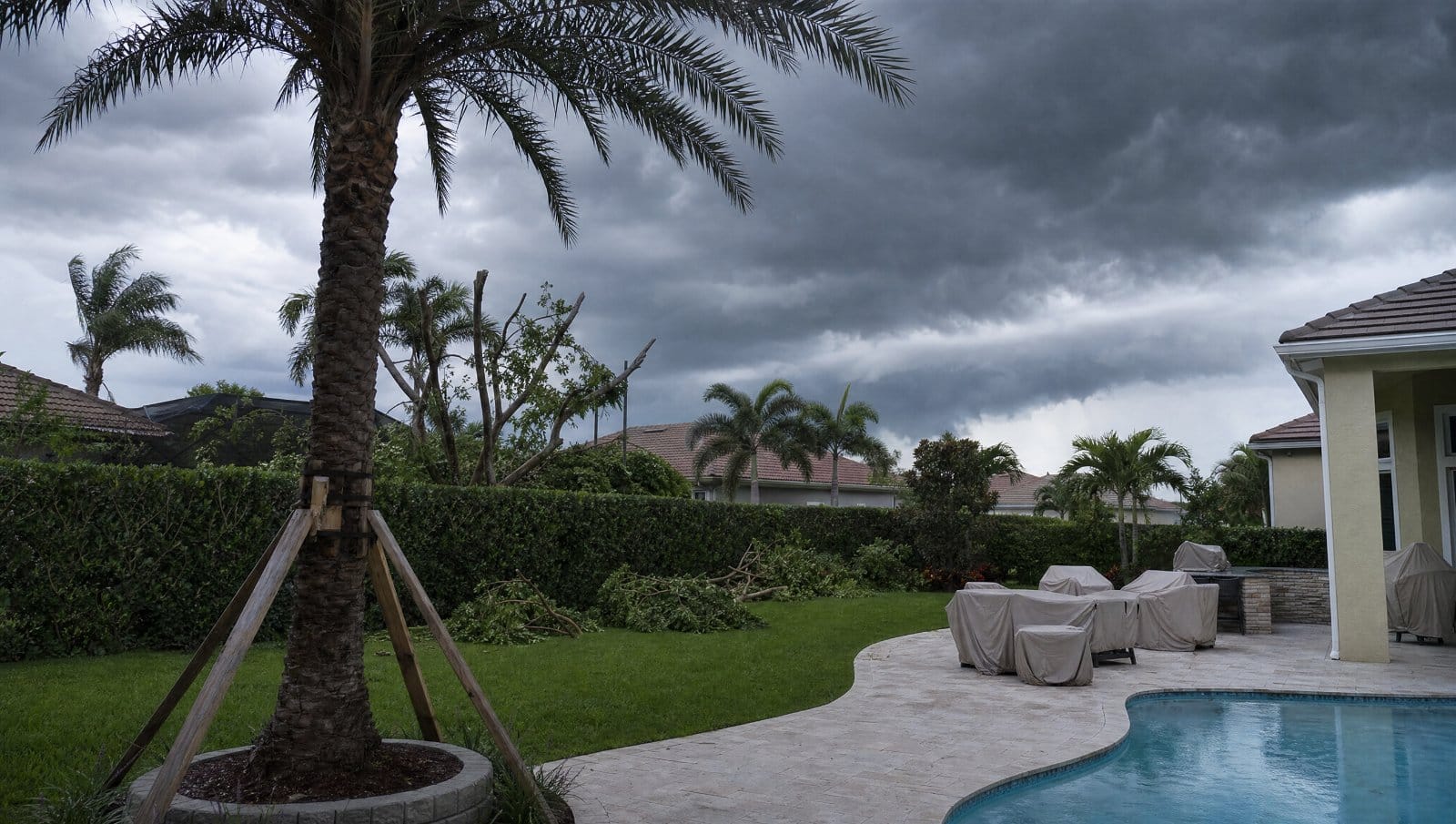 Florida yard prepped before hurricane season with secured patio furniture and trimmed trees