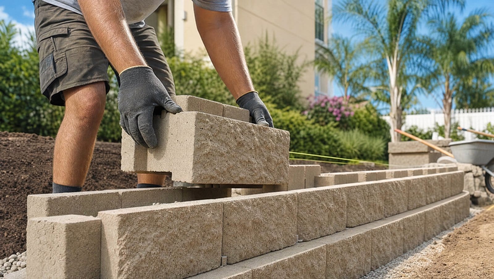 Interlocking segmental retaining wall blocks being stacked into a wall in a Florida yard