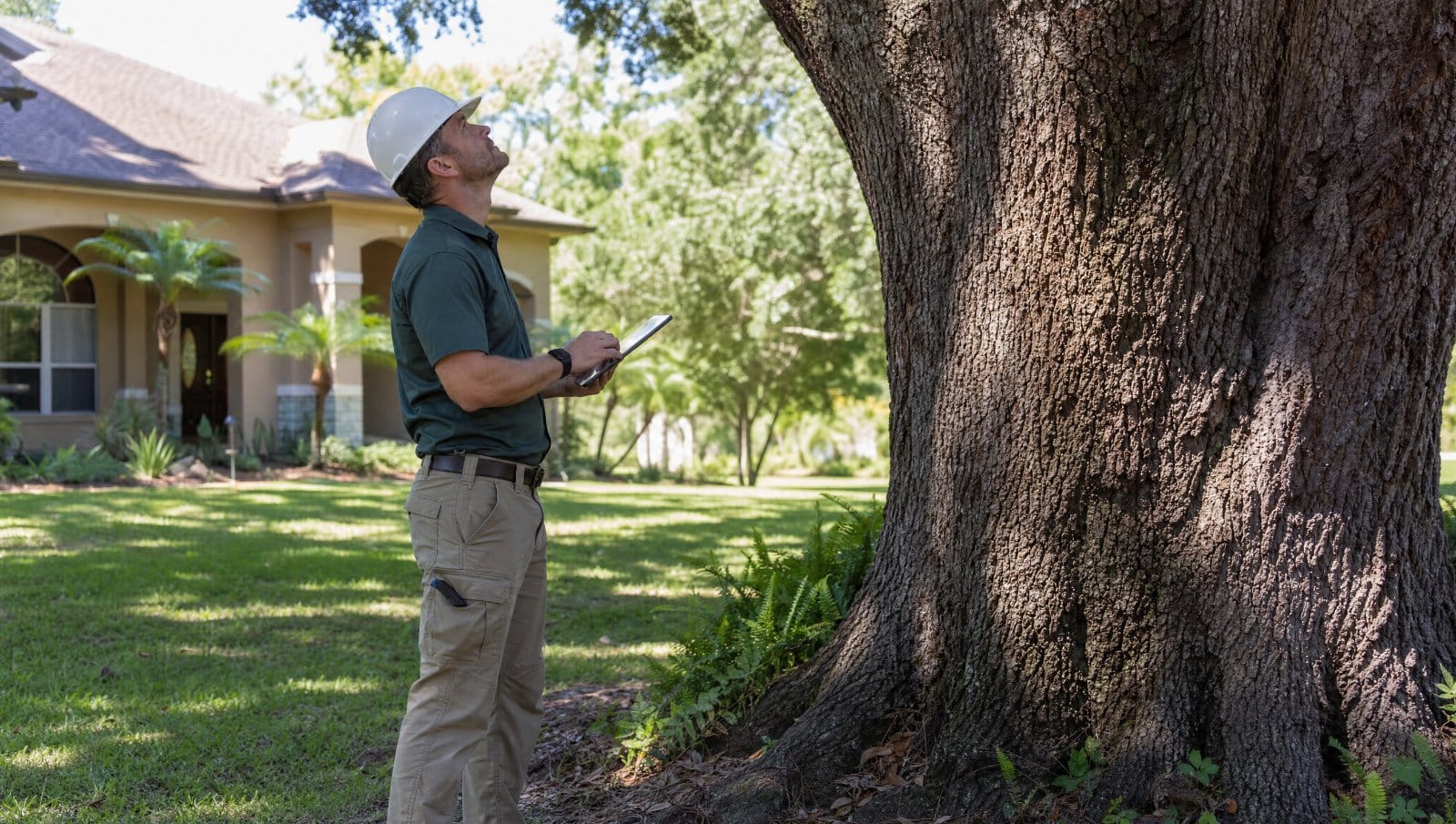 Certified arborist examining a large tree with a tablet in a Central Florida yard