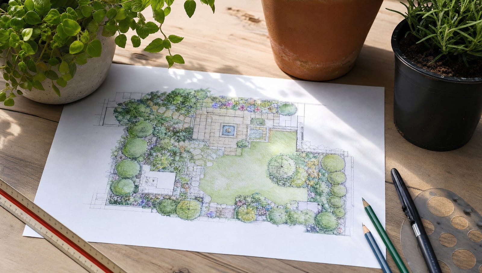 Hand-drawn landscape design plan on paper beside potted plants and tools