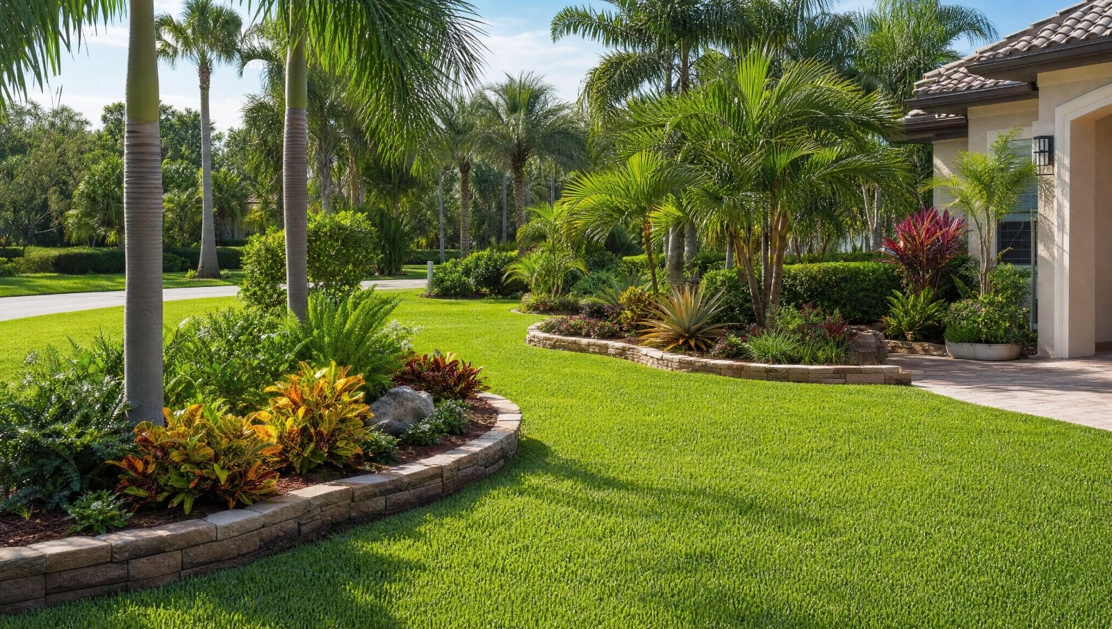 Attractively landscaped Florida yard with curved beds, palms and stone edging