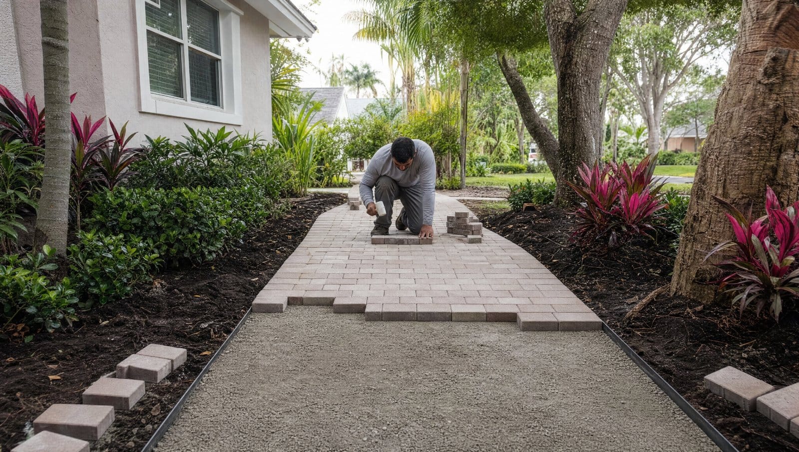 Paver walkway being installed step by step through a Florida garden