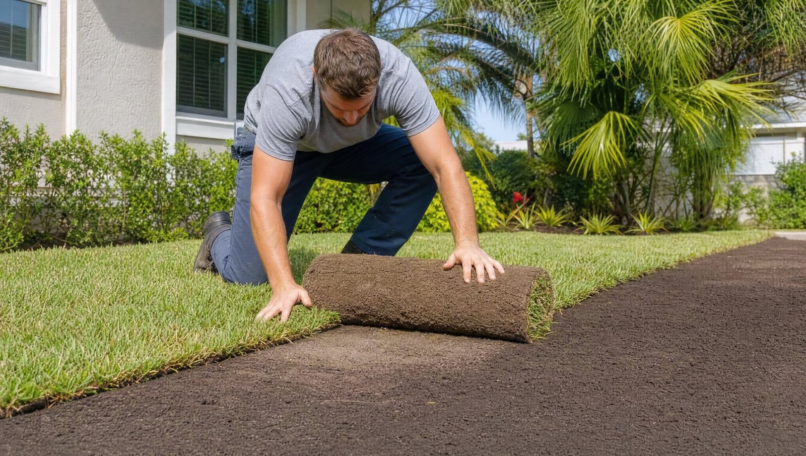 Beginner laying a roll of green sod onto prepared soil in a Florida yard