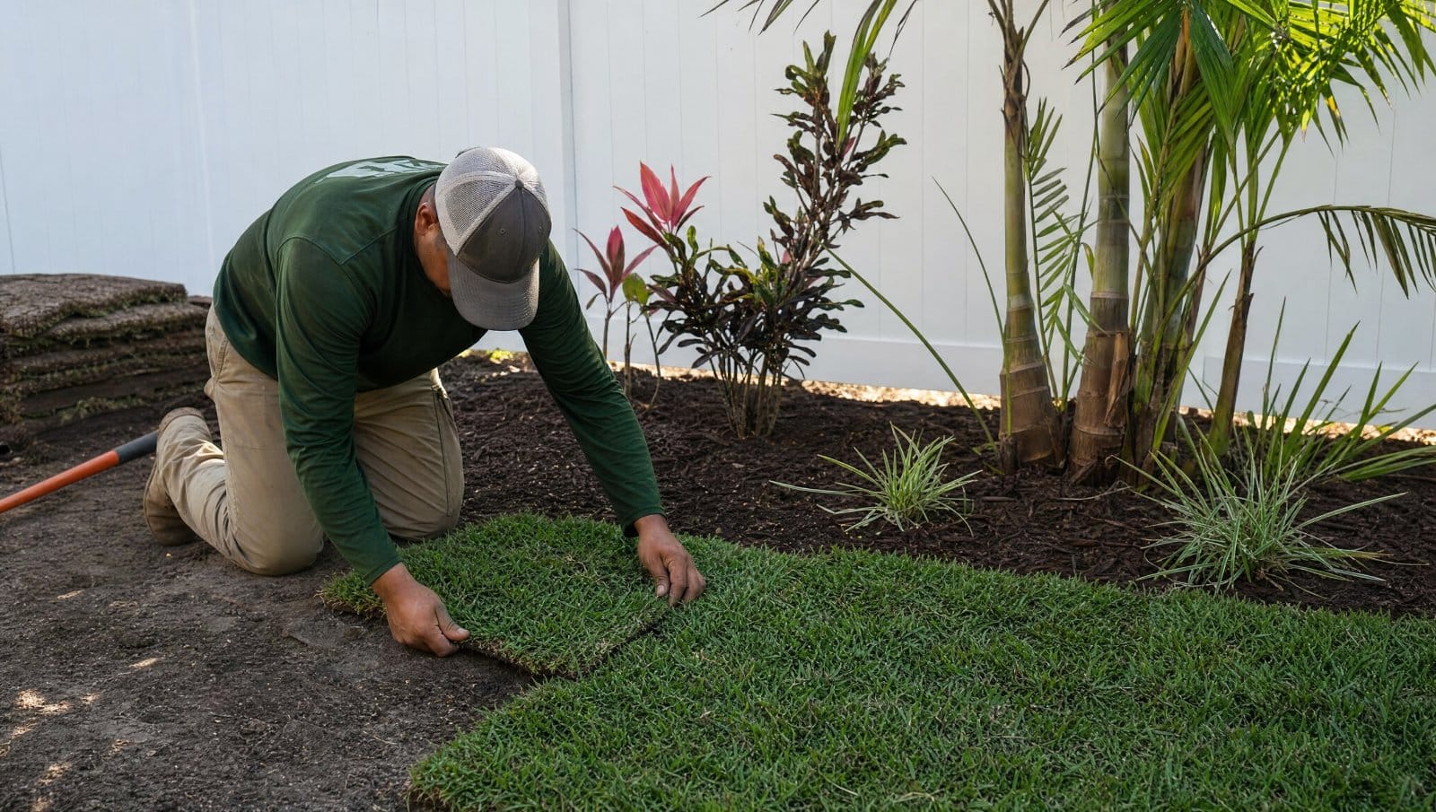 Green sod being laid in a small section of a Florida backyard
