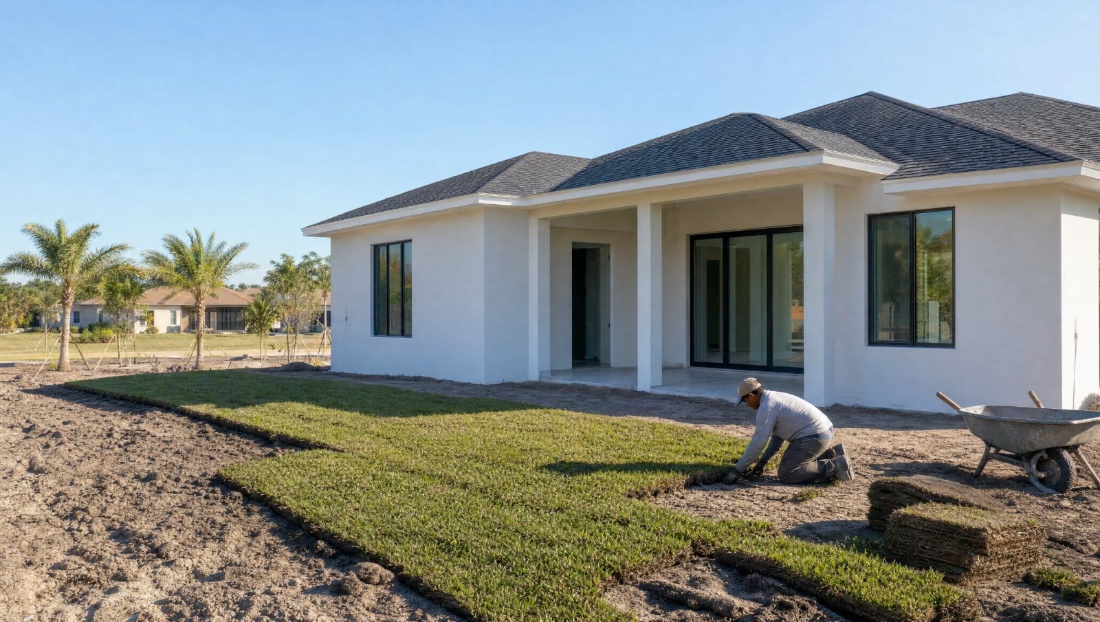 Fresh sod being installed around a newly built Florida home