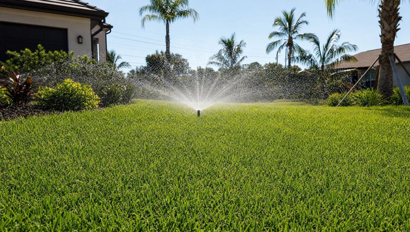 Freshly sodded bright green Florida lawn being watered by a sprinkler