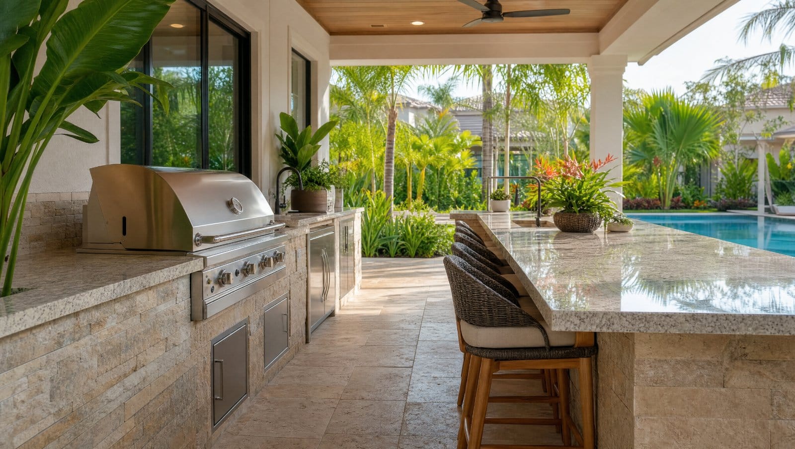 Modern outdoor kitchen with a built-in grill on a covered Florida patio