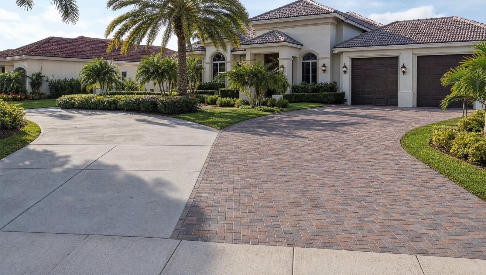 Brick paver driveway beside a concrete driveway at a Florida home