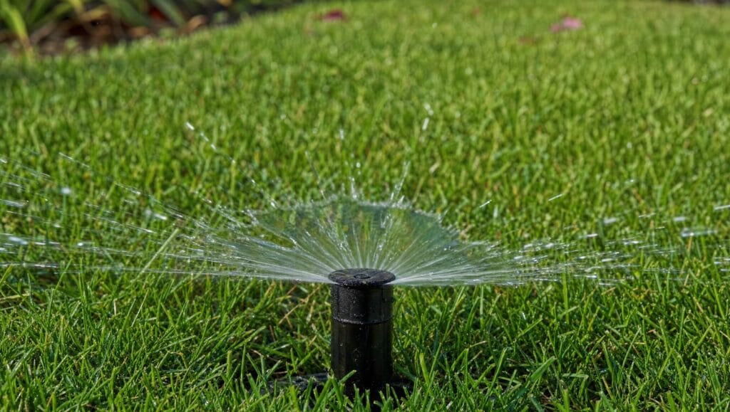 Pop-up drain emitter releasing water in a green Florida lawn